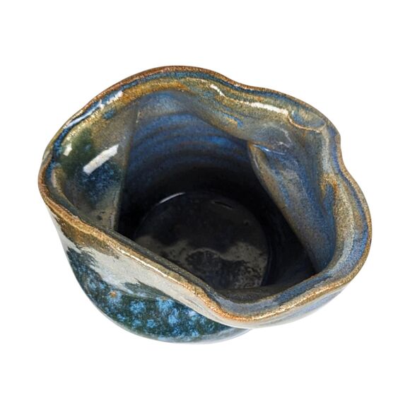 Handmade Blue Pottery Vase: Asymmetrical Ceramic Art, Signed - Picture 5 of 7